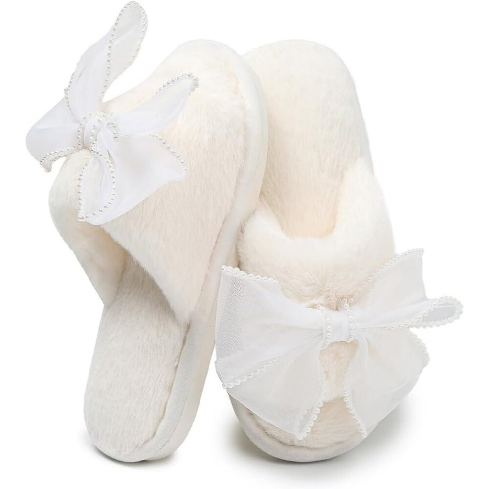 Women's White Cute Bow Open Toe Fuzzy House Memory Foam Anti Skid Slippers Shoes